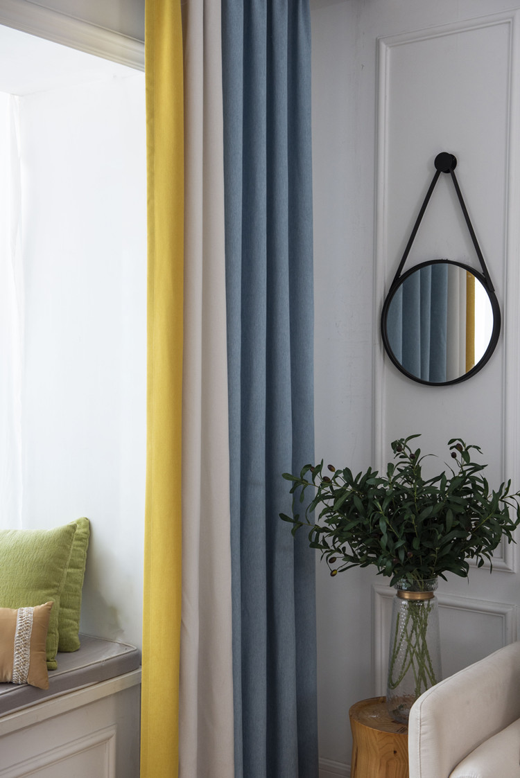 新款儿童房遮光窗帘贝萨棉三色拼接窗帘成品标价