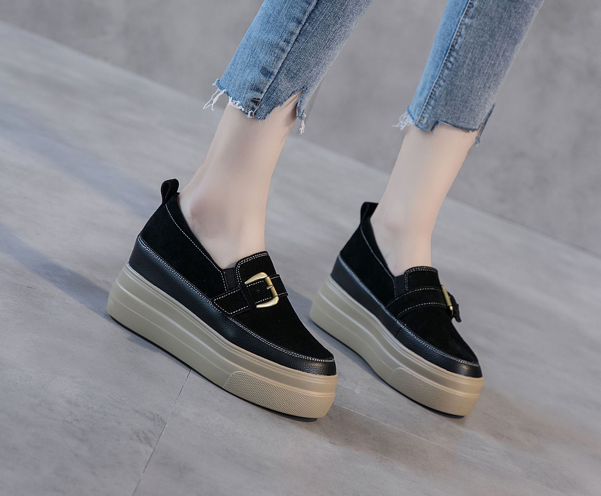 松糕底鞋女厚底春季小码新款真皮百搭黑色休闲鞋春款内增高女鞋子