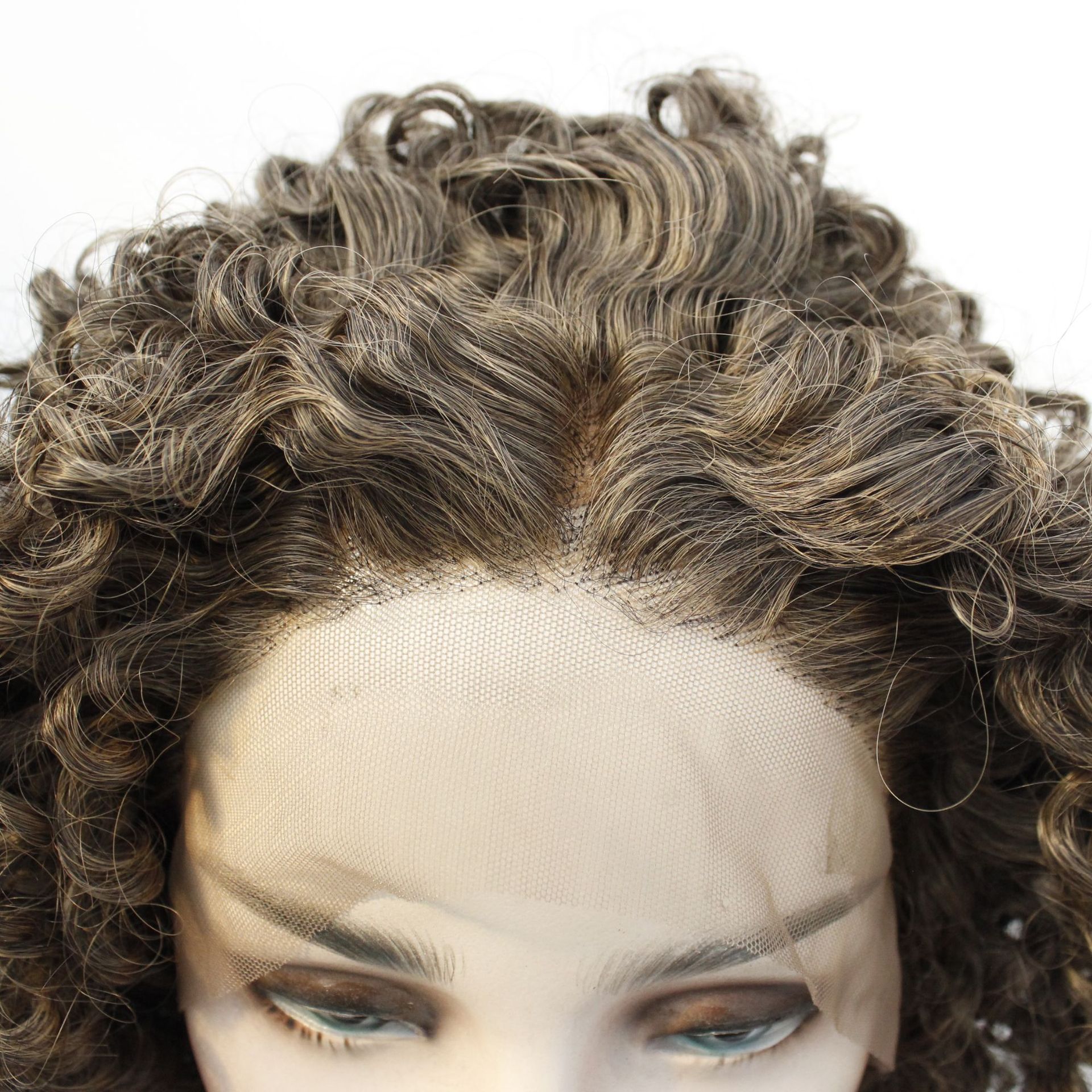 厂家批发亚麻色半手钩卷发 时尚化纤前蕾丝头套假发cos支持代发