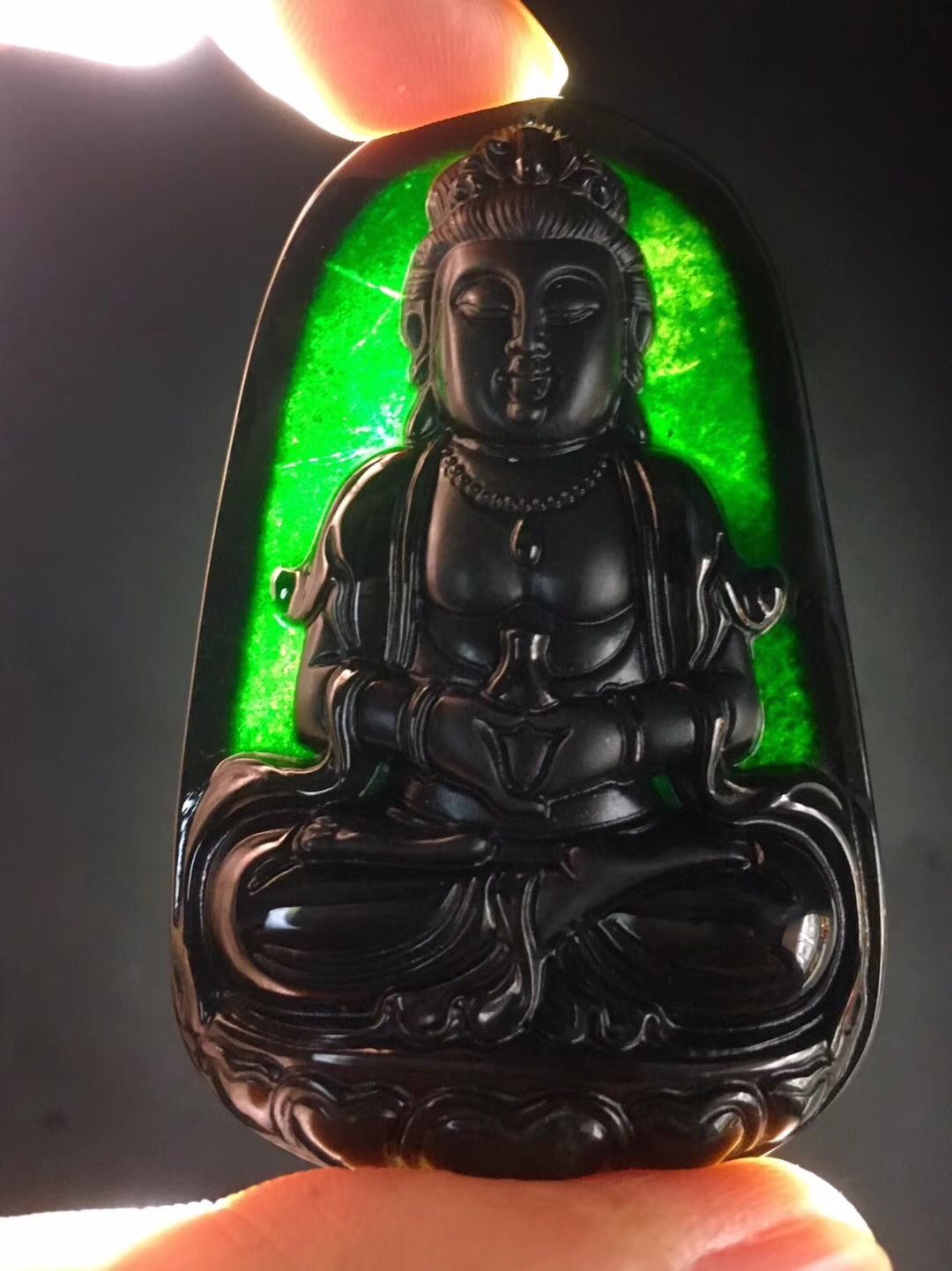 高端翡翠墨翠a货观音吊坠透水缅甸玉墨翡翠a货墨玉观音菩萨男挂件