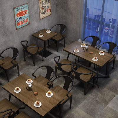 美式复古实木餐桌椅组合 火锅店工业风成套桌椅 咖啡厅酒吧餐桌