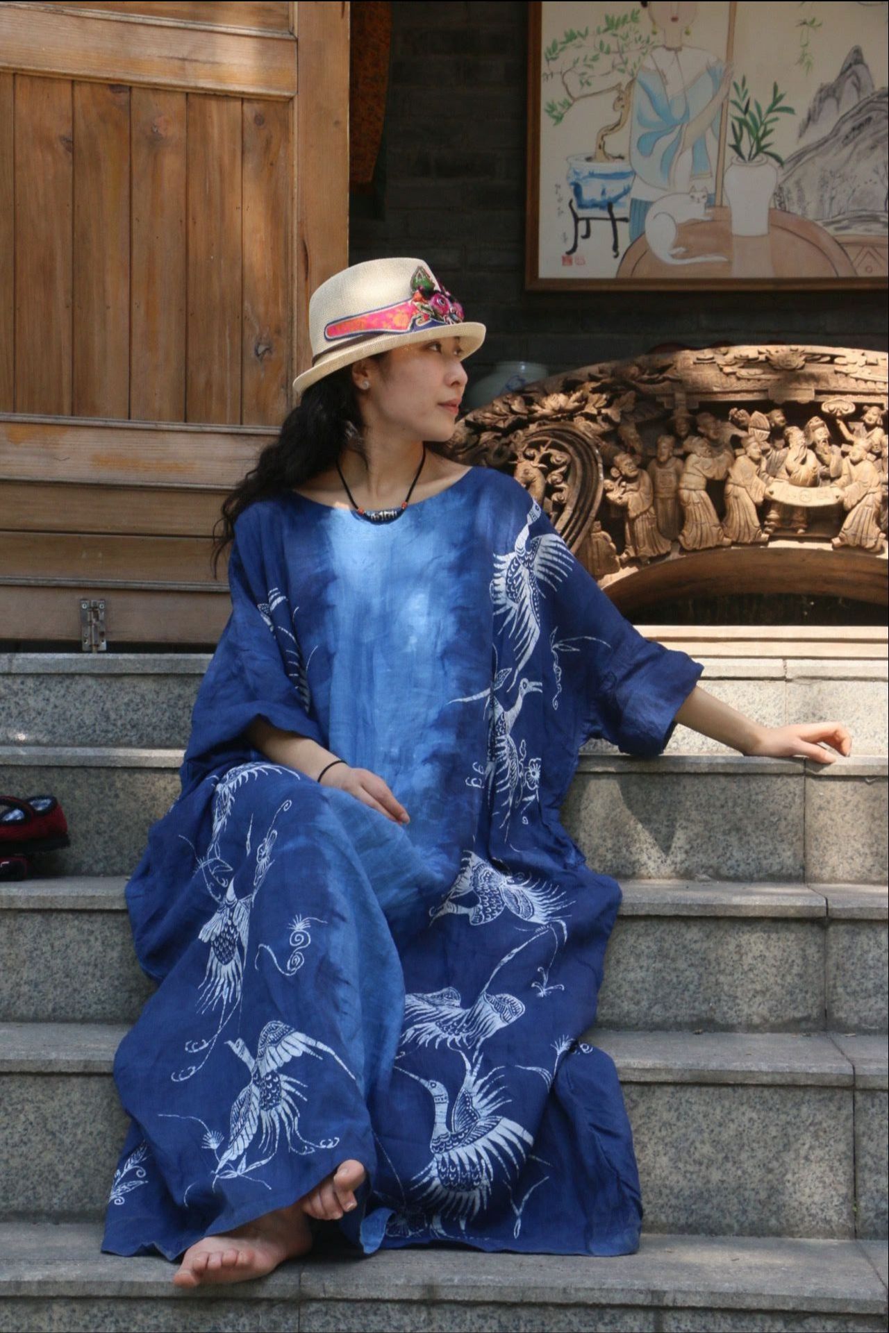 喜阁原创蜡染衣服连衣裙手工植物染色扎染裙子衣服复古民族风袍子-阿