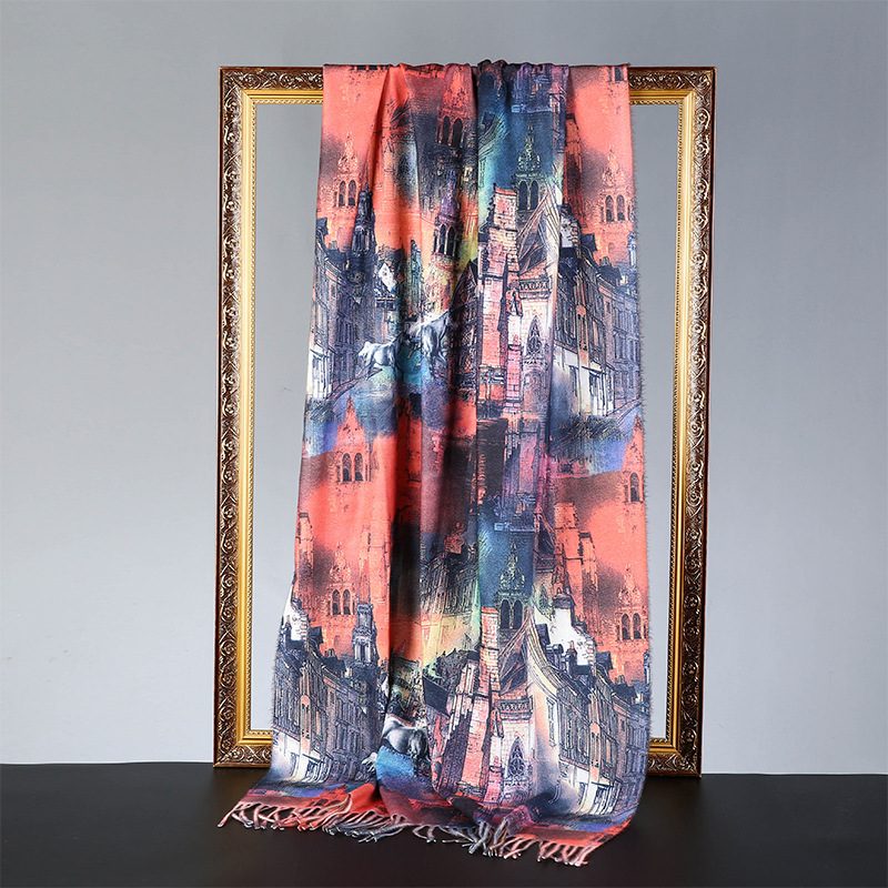 New Autumn and Winter Cashmere-like Digital Printing Scarf Custom Oil Painting Pastoral Style Scarf Cross-Border Shawl Wholesale