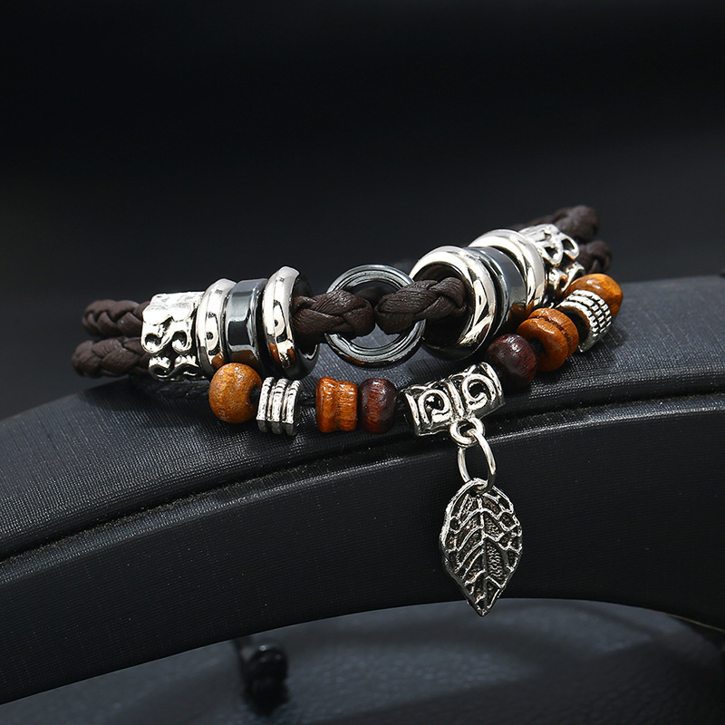 Korean-Style Chic and Unique Creative Multi-Layer Woven Leaf Pendant Men's Leather Bracelet Cross-Border E-Commerce Bracelet Wholesale