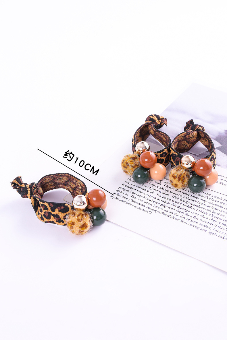 秋冬新款韩版发饰宽边豹纹五珠发圈高弹性粗款扎头绳两元店货源