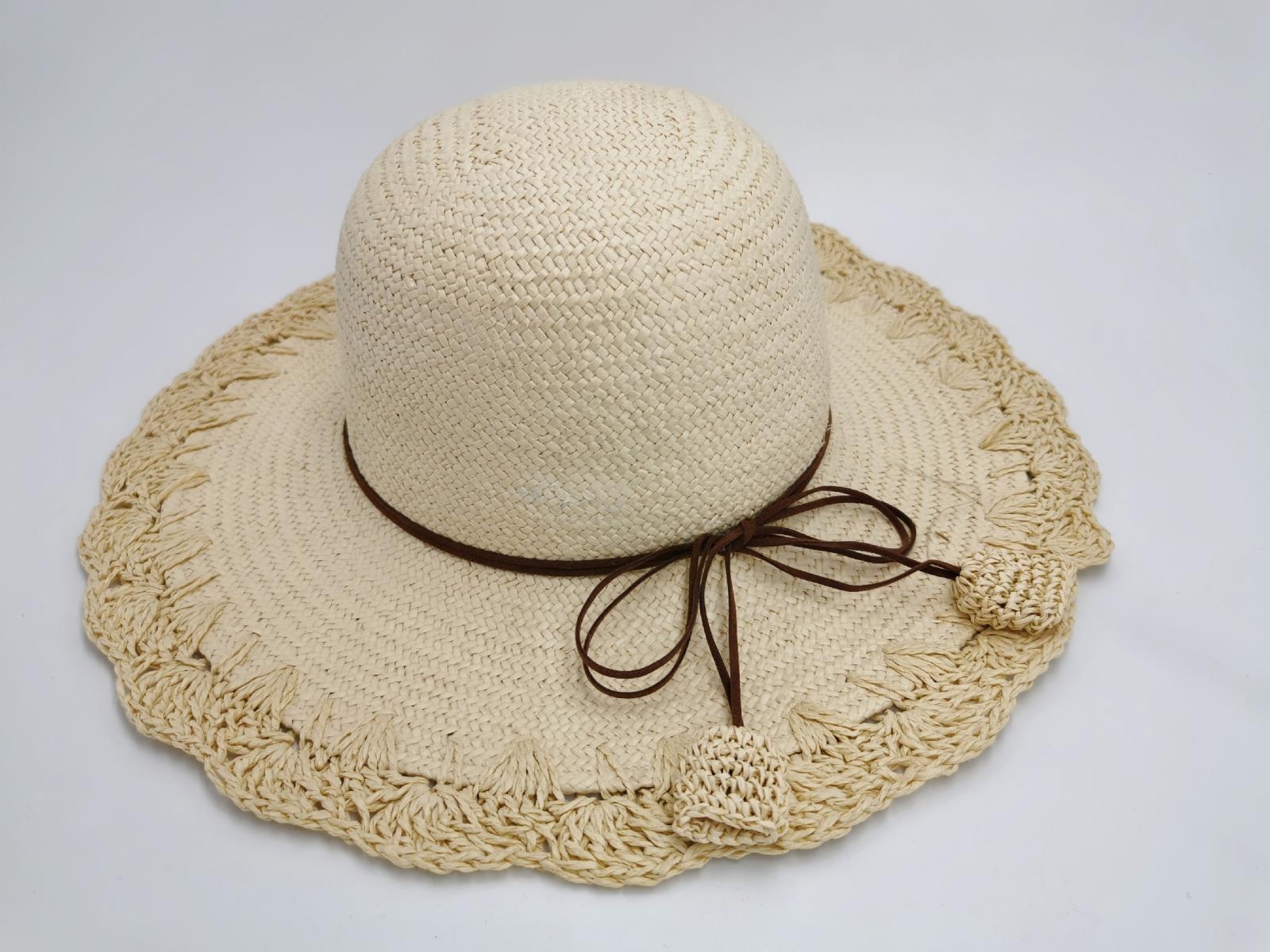 手编草帽拼色蝴蝶结纯手工钩针拼接韩版圆顶成人帽大檐帽