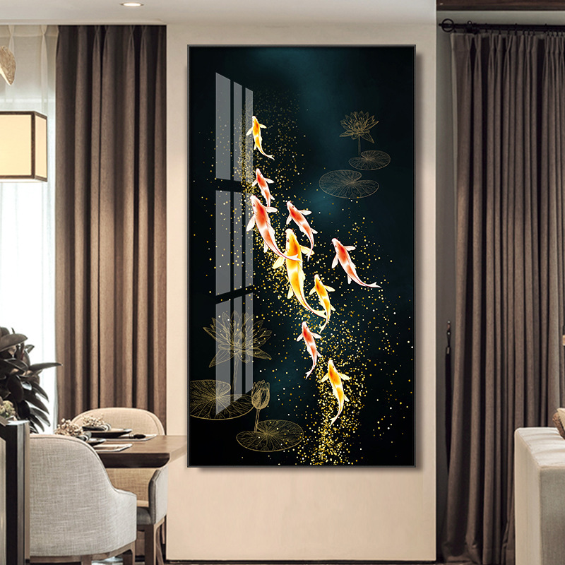 轻奢荷花九鱼图挂画玄关锦鲤风水招财装饰画客厅办公室竖版壁画