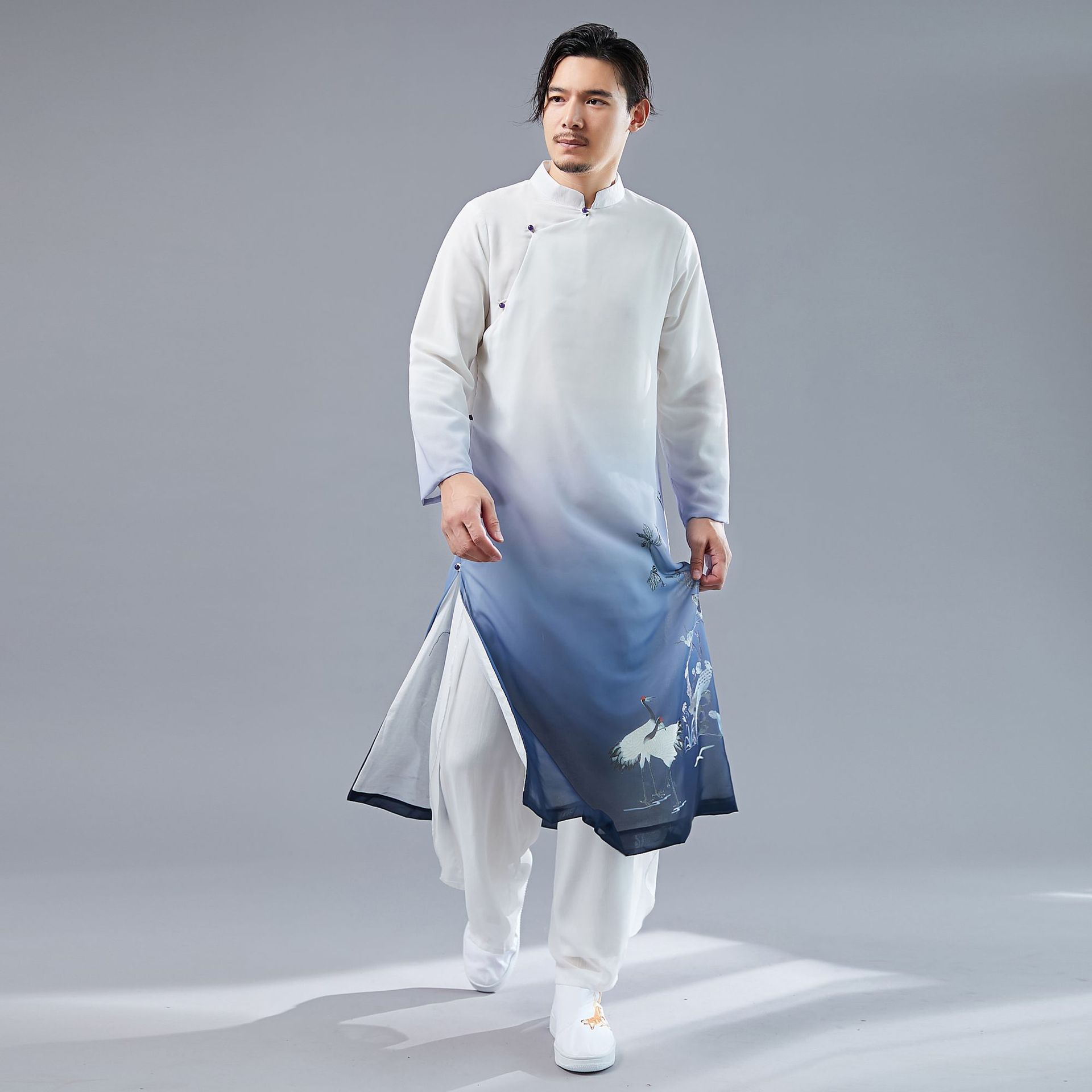 民国长衫男古装男中式立领雪纺印花唐装中国风汉服男古风盘扣禅服