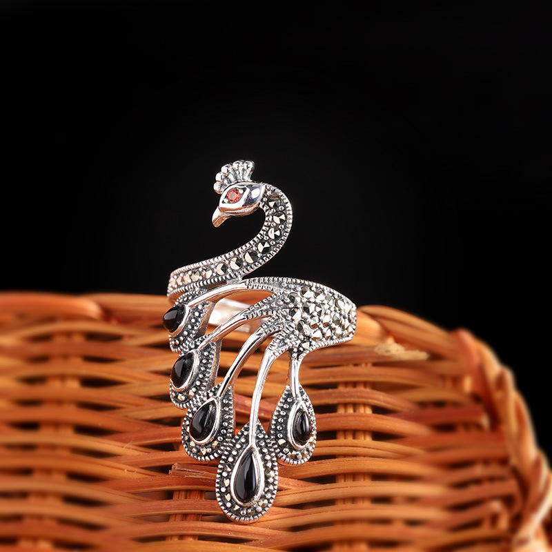 人品银品足银饰品哑光精工工艺泰银开口女士孔雀戒指修长玉指跨境