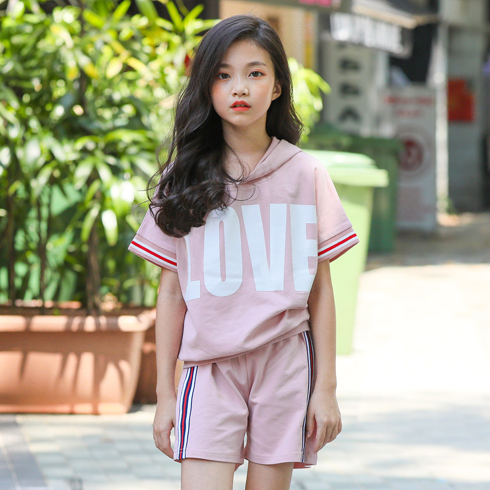 女童夏季套装清仓2022时尚休闲韩范童装儿童短裤两件套连帽中大童