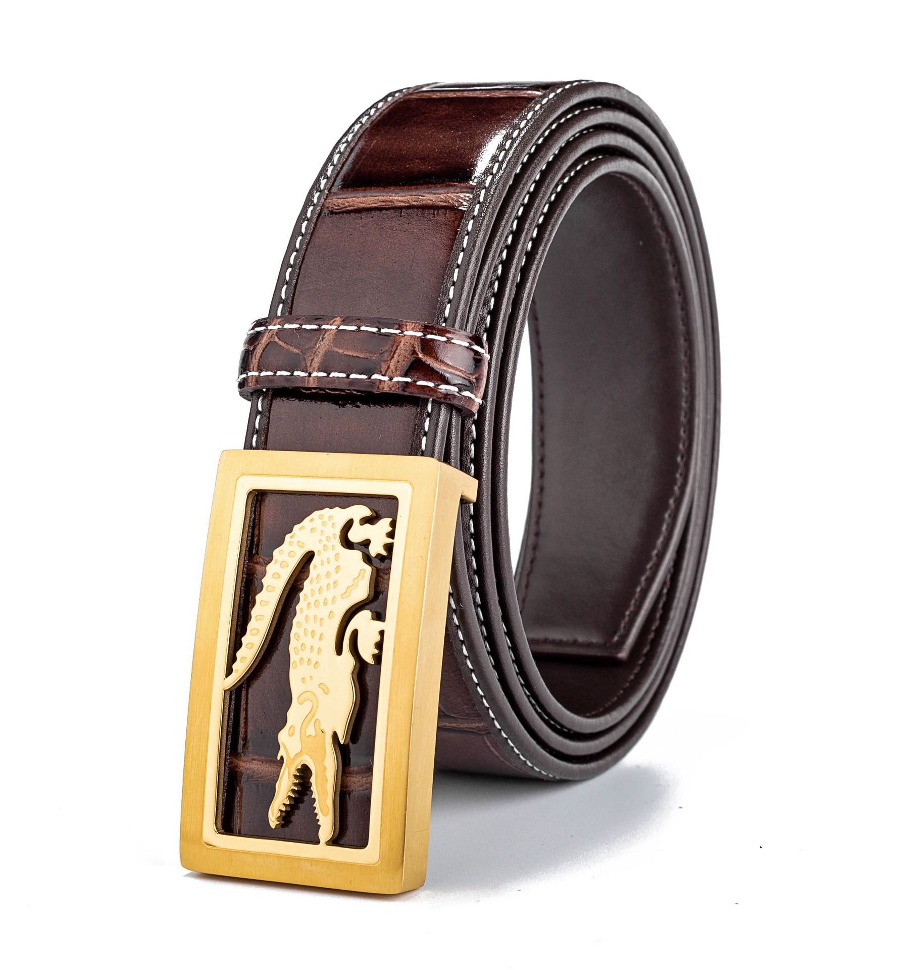 男士钢扣头真皮腰带 高端品质 原版鳄鱼纹进口头层牛皮平滑扣皮带