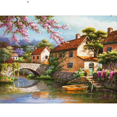 diy数字油画自然风景湖边小屋纯手绘客厅卧室书房装饰画