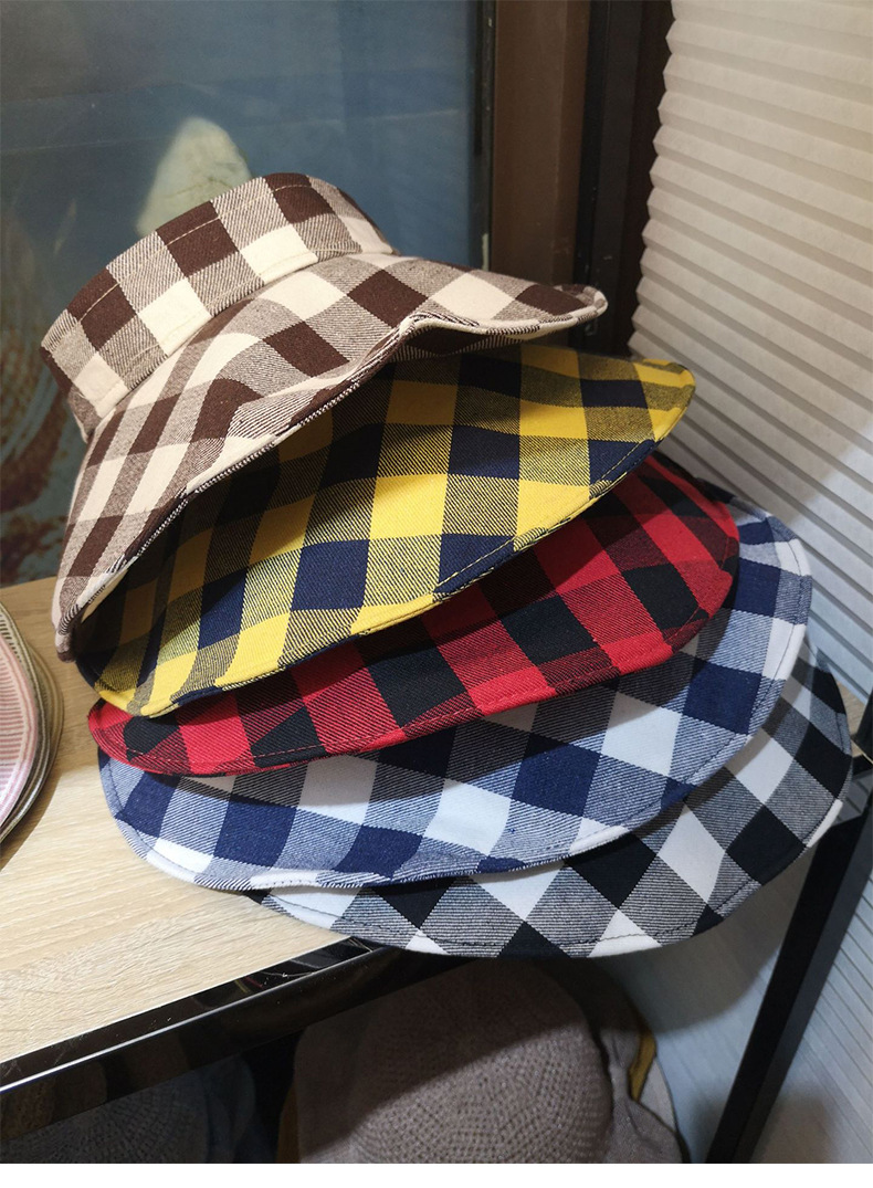 夏季新款格子空顶帽 彩色格纹大詹宽詹防晒户外无顶帽方格魔术贴