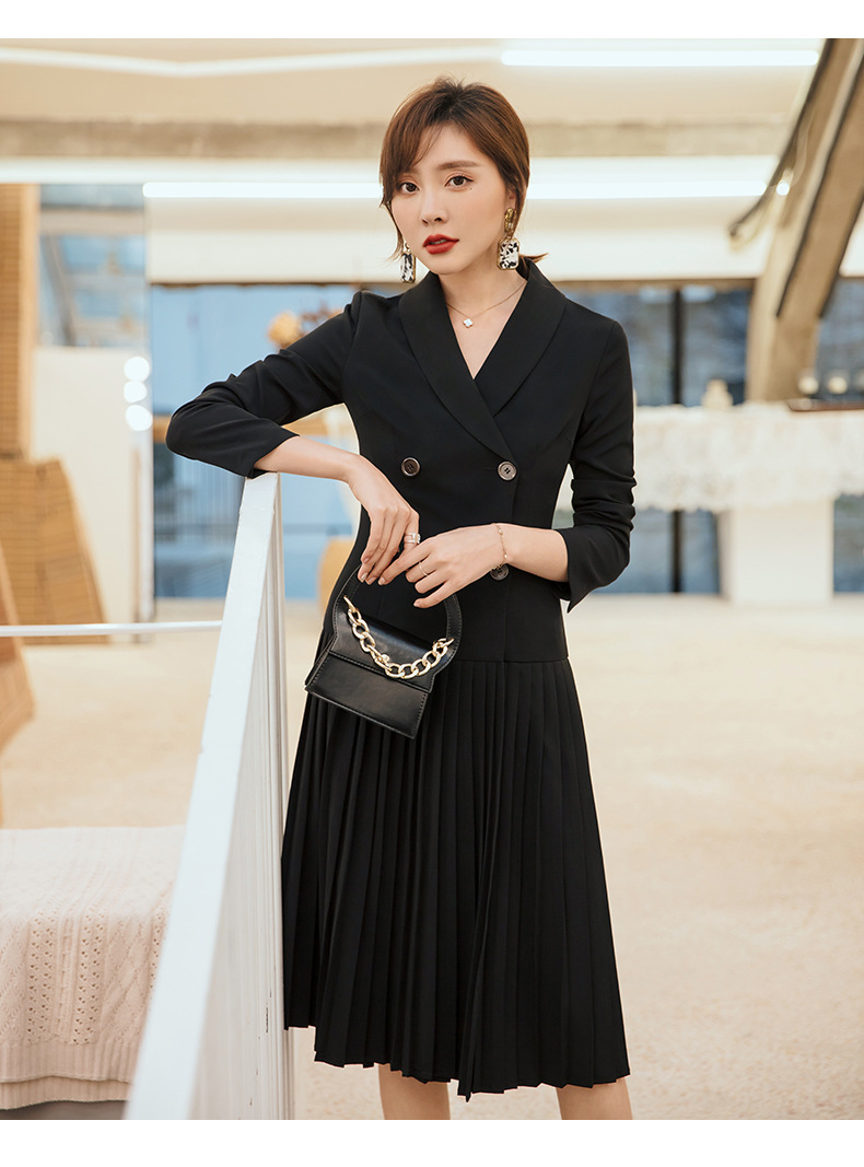 2019秋季新款女西装领修身黑色长袖压褶长款西装连衣裙包邮65334