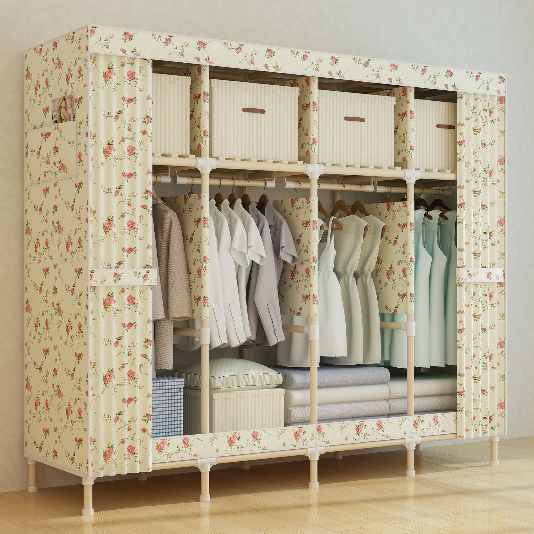 7f 实木简易布衣柜牛津布艺衣橱便捷经济型收纳柜包邮厂家直批