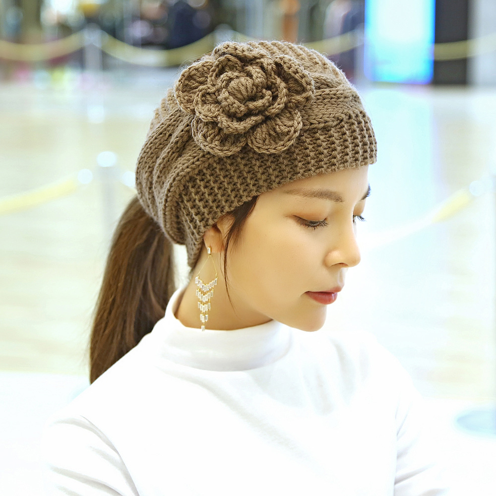 一件代发手工针织毛线镶花朵发带 秋冬款手工针织毛线发带女