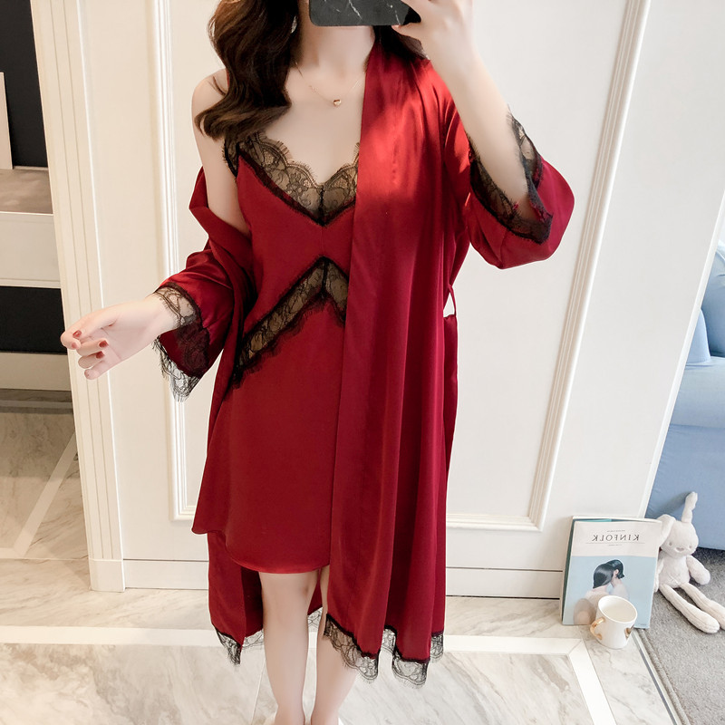 Spring and Summer New Spring and Autumn Ladies' Robe Two-Piece Suit Summer Removable Silk Slip Nightdress Nightgown with Chest Pad