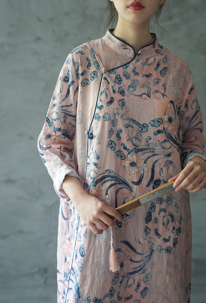 原创中式国风禅意印花斜襟盘扣旗袍汉服民族显瘦宽松袍l19207