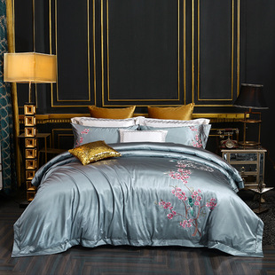 高档纯色水洗真丝刺绣全棉四件套夹棉床盖式纯棉4件套床上用品