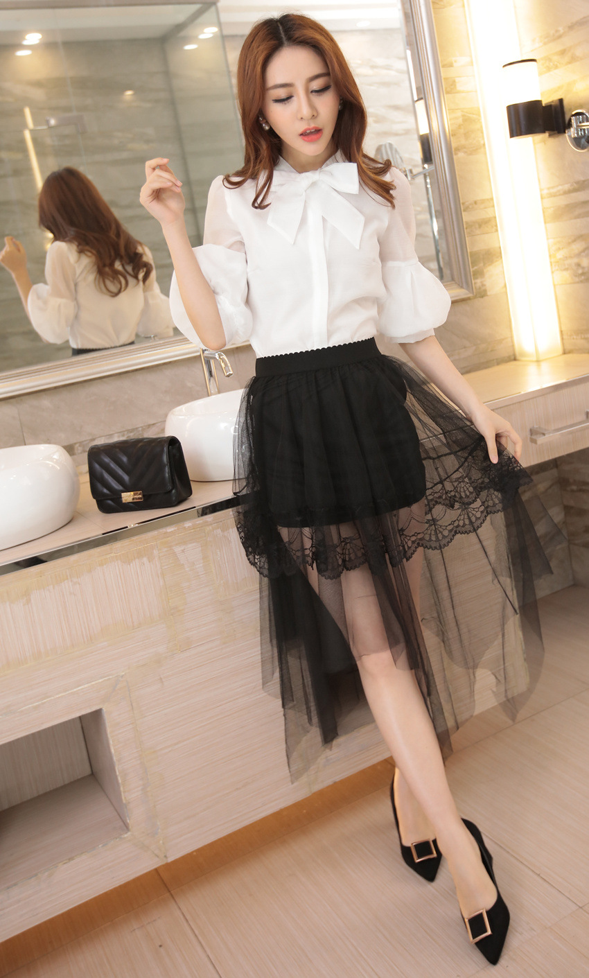 夏季新款网纱裙不规则蕾丝透视半身裙双层纱中长裙