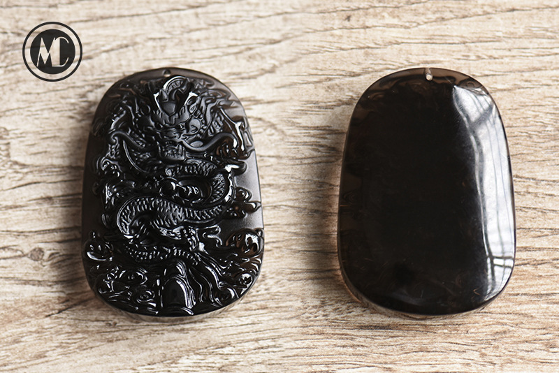 天然黑曜石长方形雕刻龙牌吊坠挂件挂坠 龙型雕刻霸气男饰品配饰