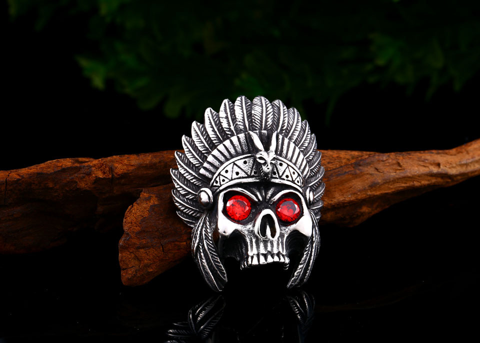 beier朋克欧美男士饰品 印第安酋长骷髅头吊坠 夸张个性钛钢项链