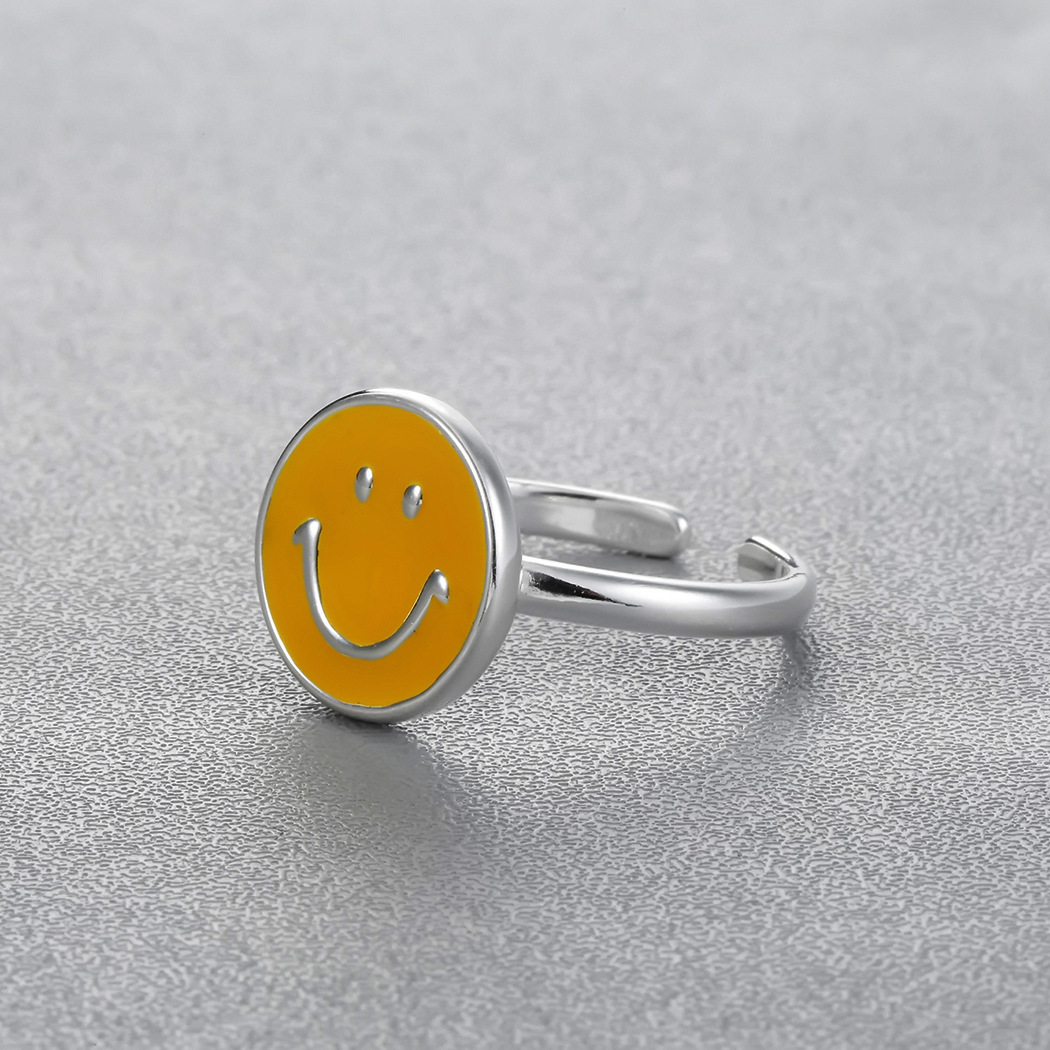 黄色笑脸开口戒指女日韩ins个性森系气质滴胶微笑食指环货源批发