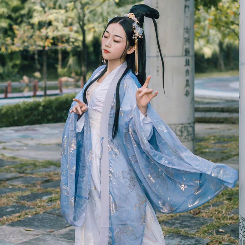 传统汉服 女烫金蝴蝶大袖衫外披披帛广袖流仙裙对襟襦裙 古装外套