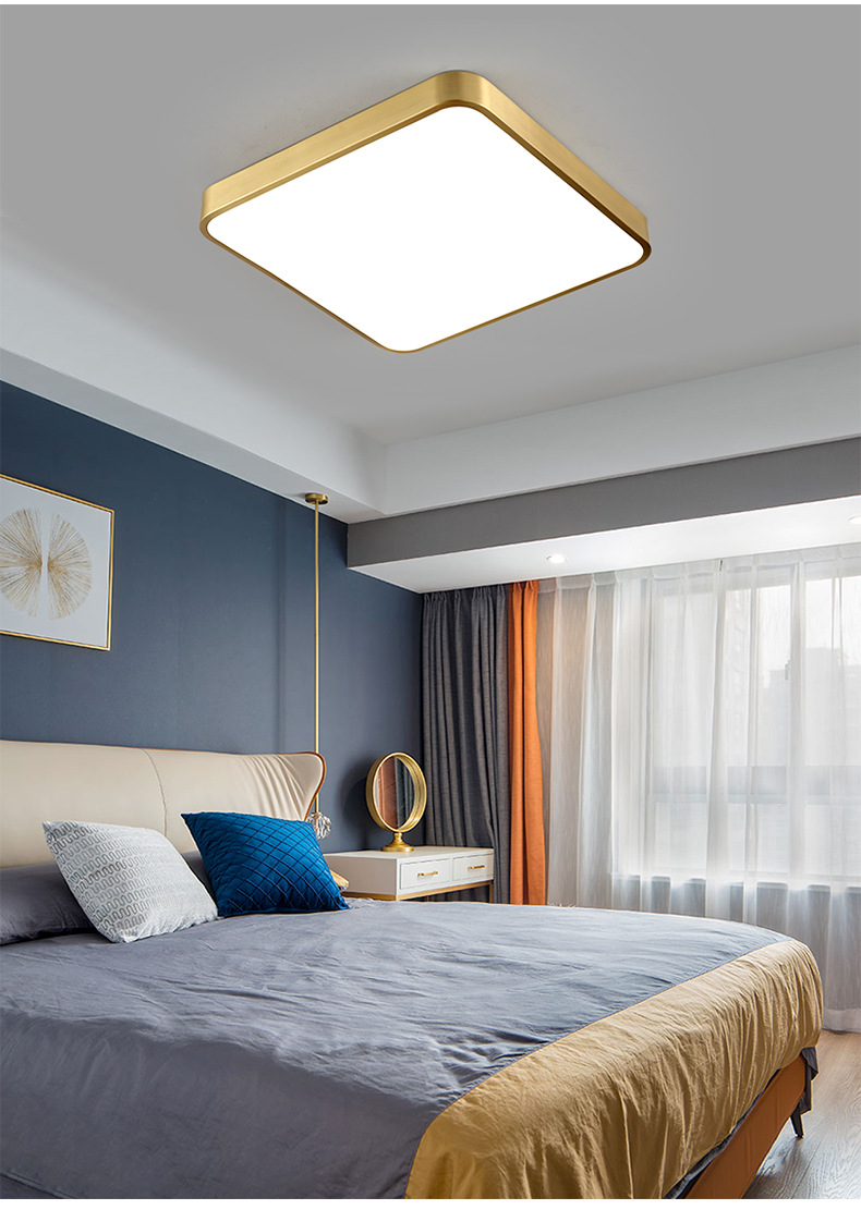 现代北欧卧室吸顶灯全铜超薄led圆形方形简约大气温馨美式室灯