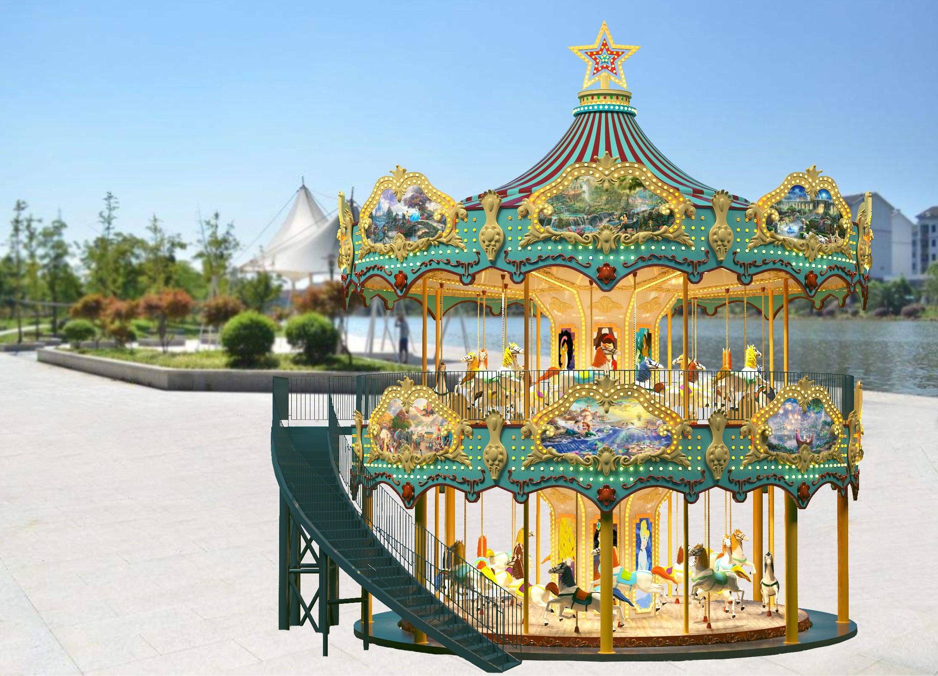 2020新款豪华旋转木马 双层38座 上传动 皇家奢华玻璃钢转马