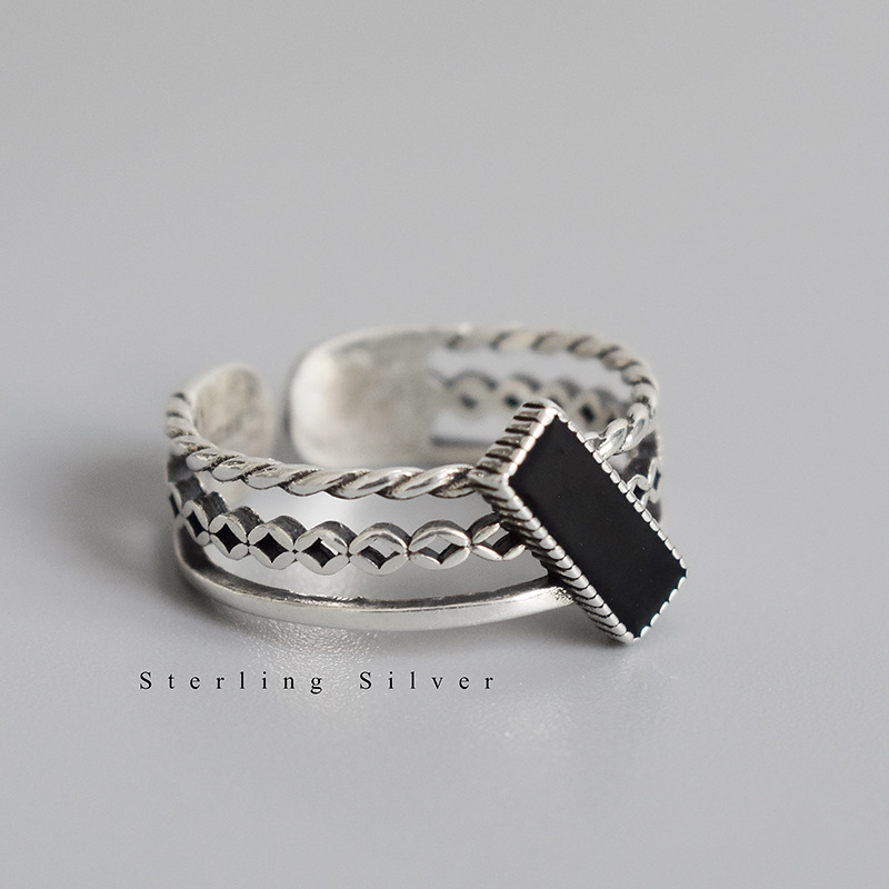 925纯银戒指复古做旧长方形指环ins韩版个性潮流女款方形银戒饰品