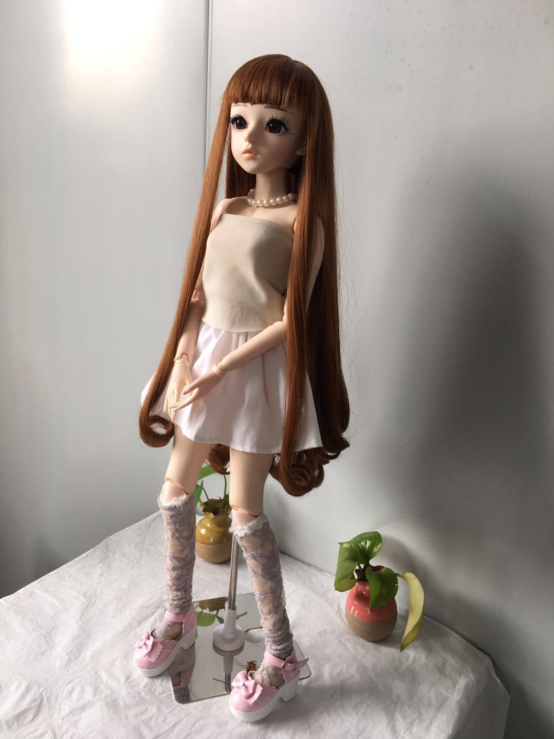 现货bjd娃娃齐刘海长发梨花卷假发 公仔长卷发 适合头围22cm