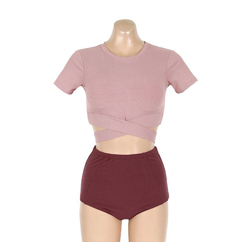 佳琪泳衣 清新保守遮肚显瘦高腰钢托短袖分体高腰两件套游泳衣女