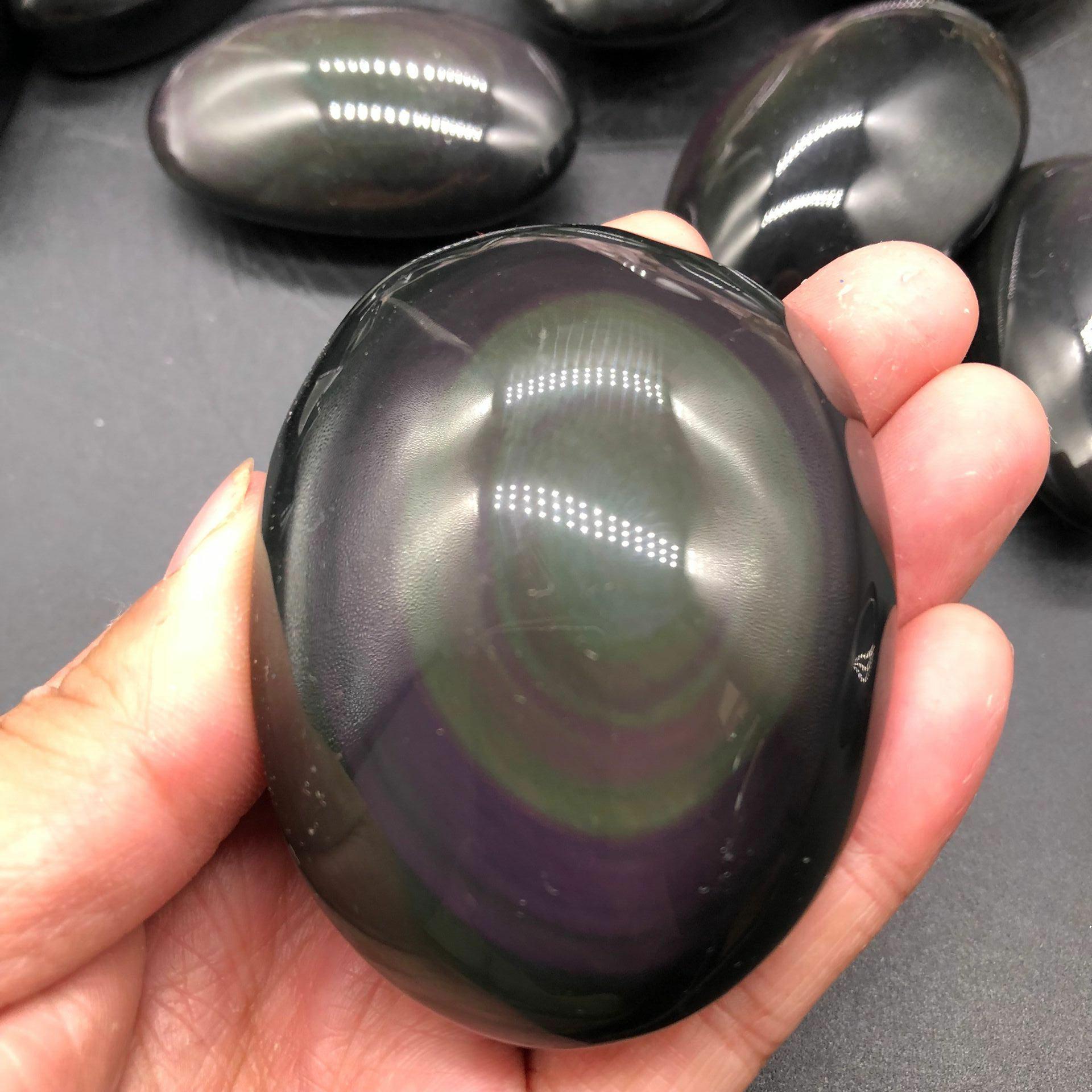 天然黑曜石彩虹眼手把件原石随型摆件 手把件 颗颗带彩眼厂家直销