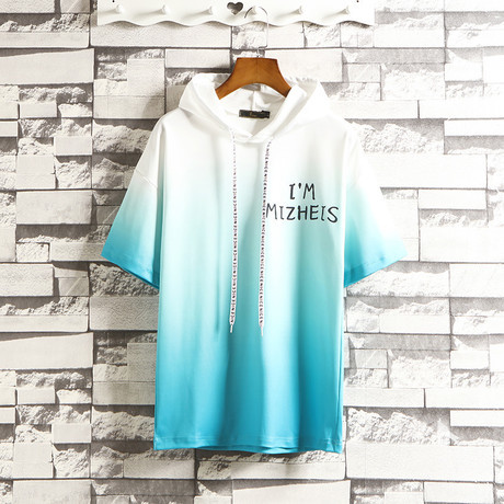 热卖渐变连短袖t恤男衣服潮牌夏宽松学生短袖卫衣半袖丅运动帽衫