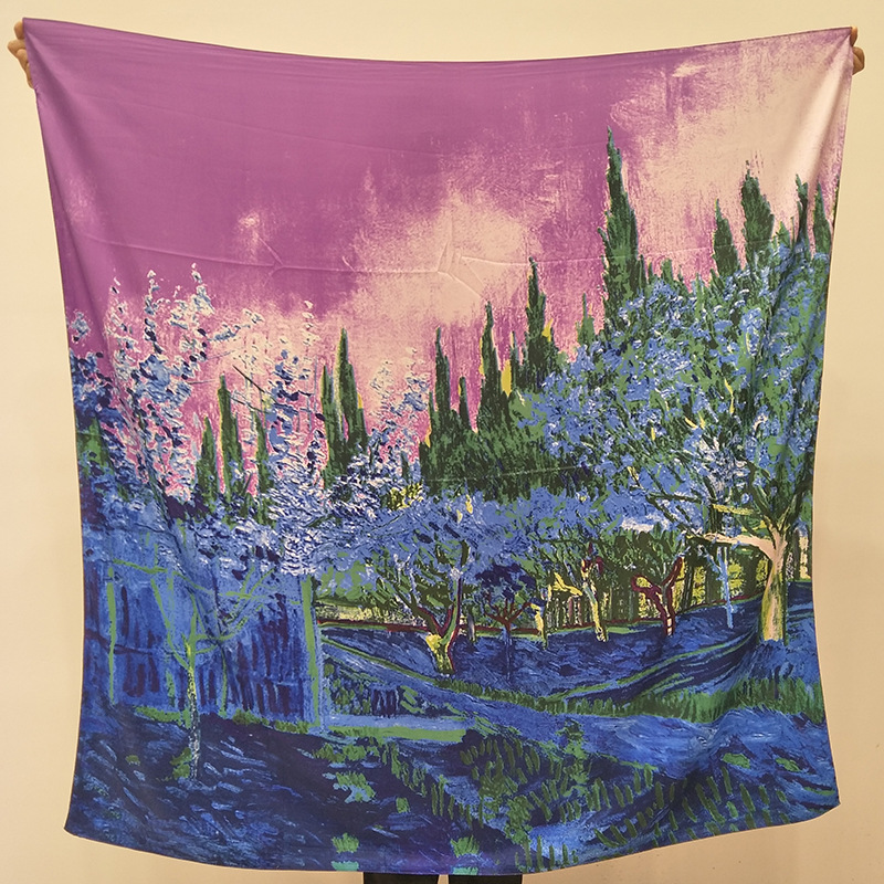 19 Summer New Silk Scarf Women's 130cm Twill Silk Artificial Silk Sunscreen Shawl European and American Oil Painting Jungle Square Scarf