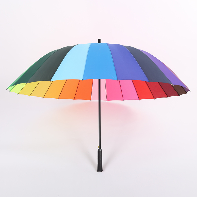 现货批发自动彩虹伞24骨长柄双人超大商务广告直杆晴雨伞logo