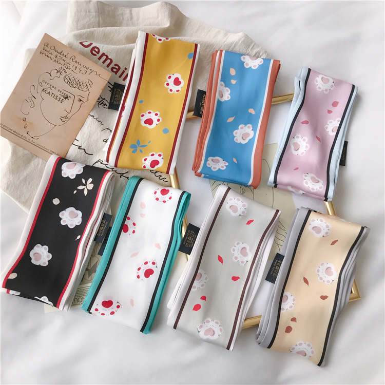 Cat's Paw Printed Silk Scarf Spring and Autumn Ins Style Women's All-Match Long Thin Narrow Korean Scarf Decorative Artistic Tie Scarf