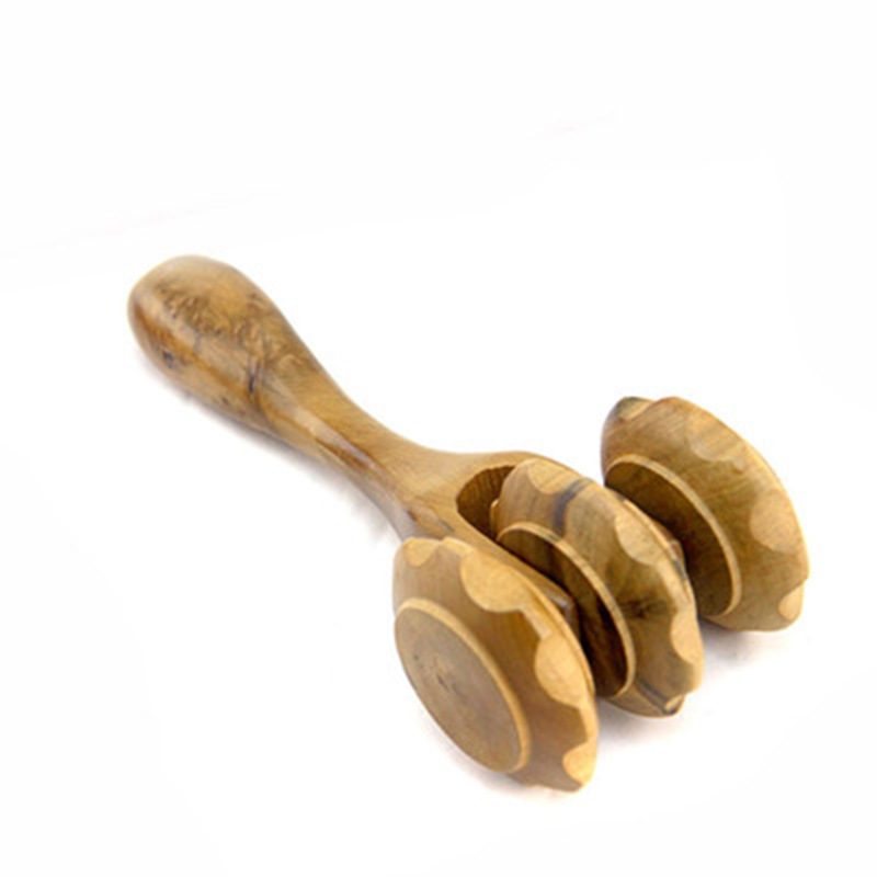 New Sandalwood Curved Handle Massage Roller Solid Wood Small Four-Wheel Roller Back Triangle Scrapping Plate Massager