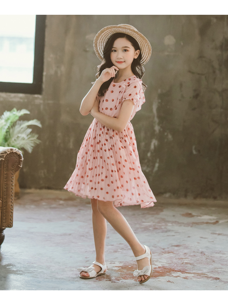 童装2020新款女童裙子夏季中大童洋气公主裙波点雪纺裙一件代发