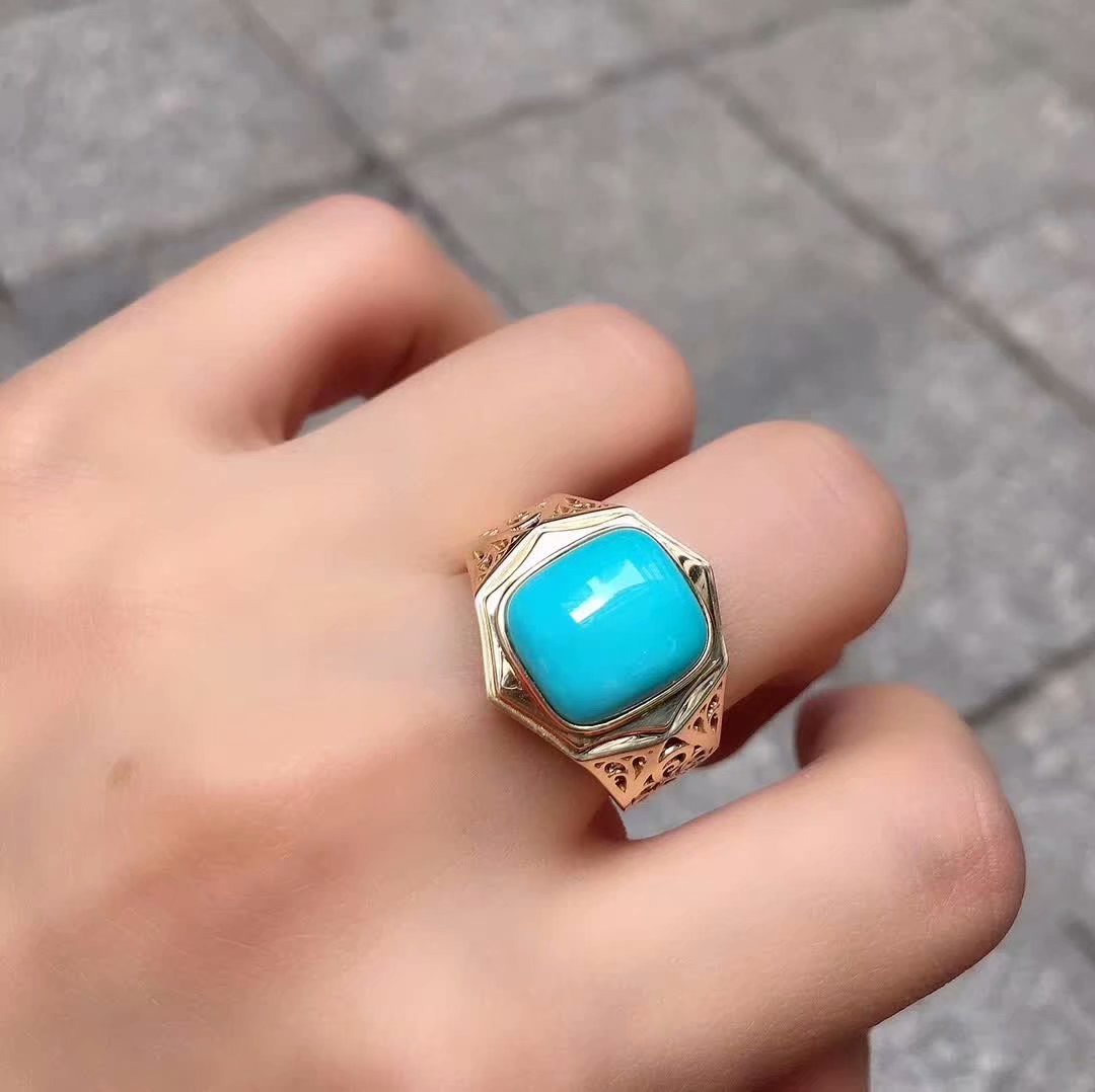 1?8k金镶嵌原矿三无秦古果冻料绿松石方形简约戒指 无坑无裂上海