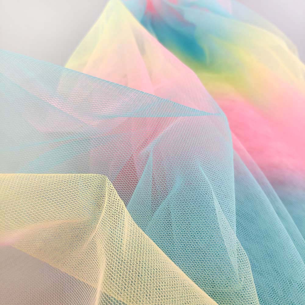 童装春夏网纱布料后加工 新款渐变 彩虹色渐变印花后加工网布面料