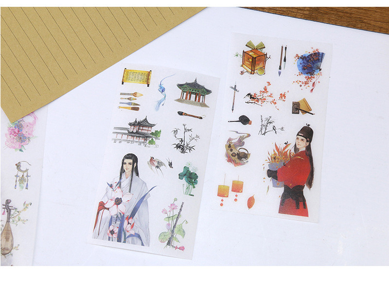 栩栩原创手账贴纸古装人物和纸贴纸diy手帐唯美古风人物风景6张入