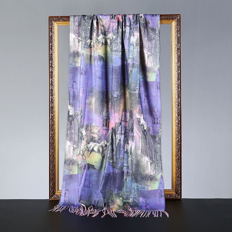 New Autumn and Winter Cashmere-like Digital Printing Scarf Custom Oil Painting Pastoral Style Scarf Cross-Border Shawl Wholesale