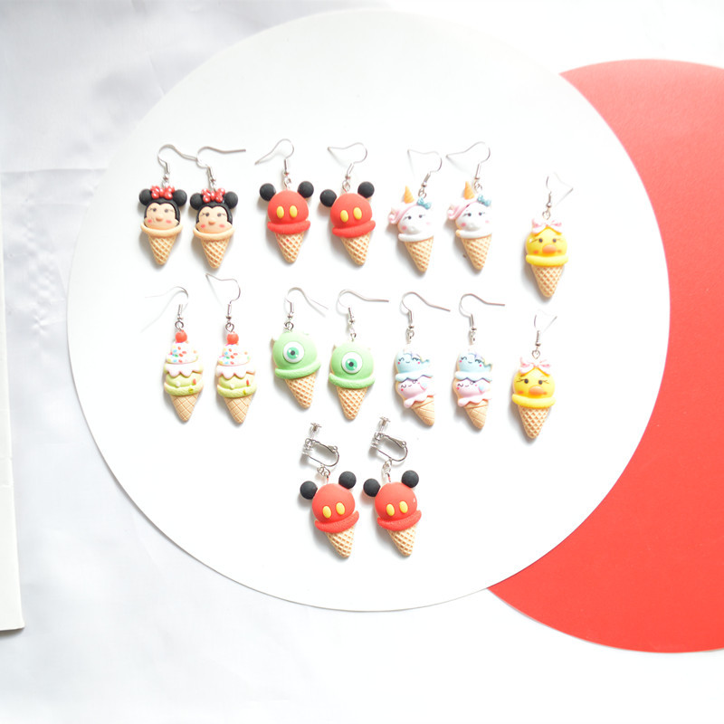 children‘s creative ice cream cartoon earrings trendy girl cute personality unicorn ice cream minnie mickey earrings ear clips