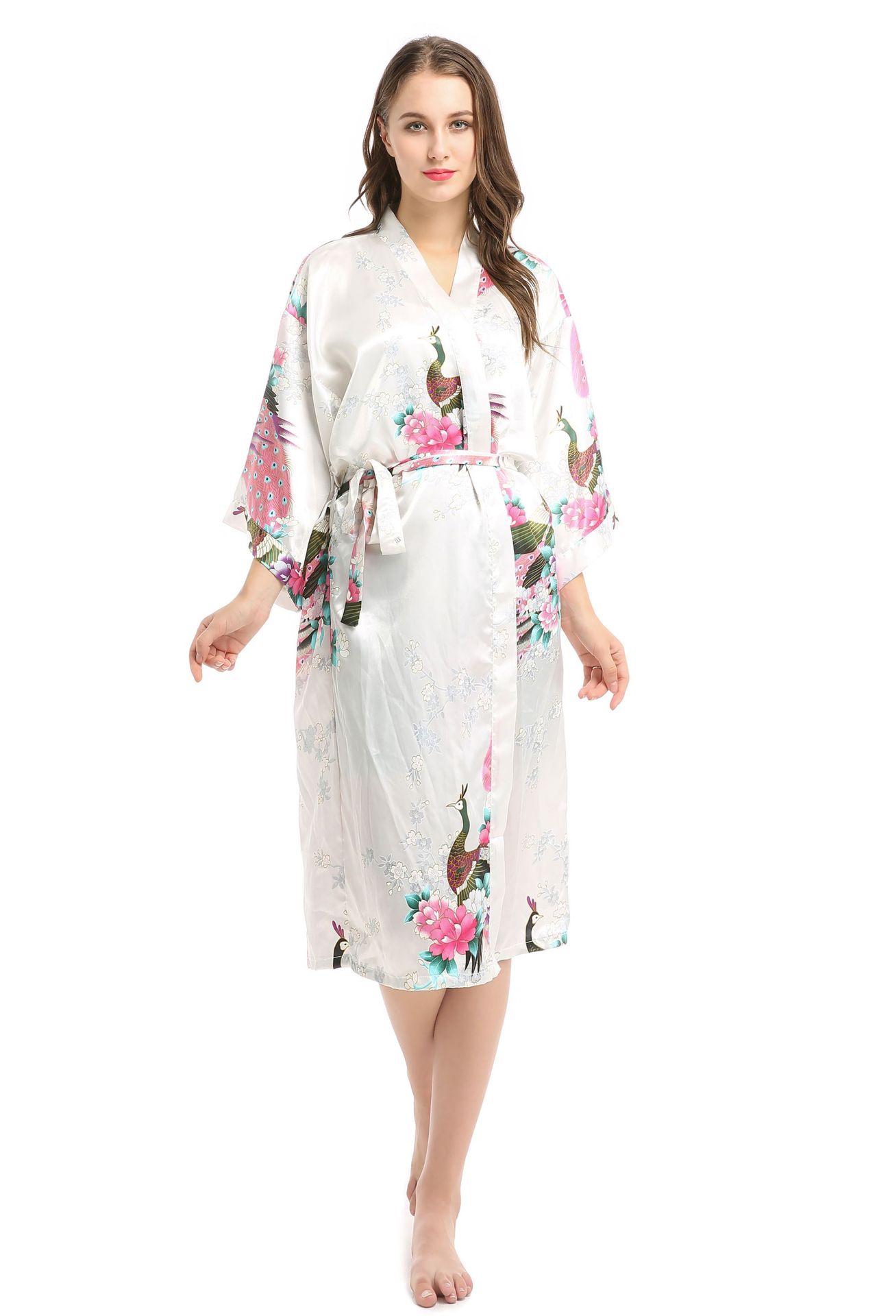 Cross-Border Wholesale Peacock Emulation Silk Nightgown Kimono Pajamas Women's Summer Half Sleeve Bathrobe plus Size Homewear