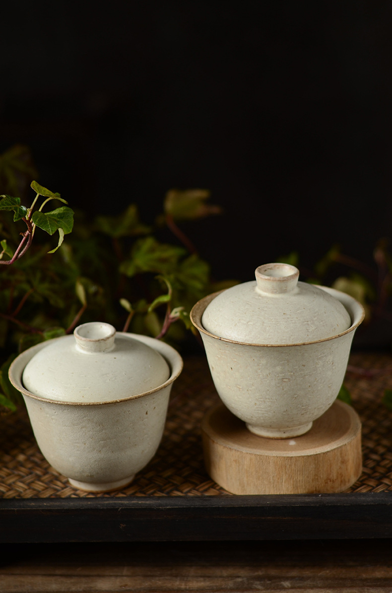 景德镇陶瓷盖碗手工粗陶粉引盖碗草木灰釉盖碗开片可养雪走系列