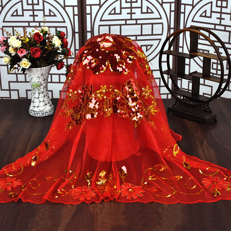 Spot Bridal Veil Sequined Rope Embroidered Rose Silk Wedding Veil Wedding Bright Red Xi Decorations Red Veil Wholesale