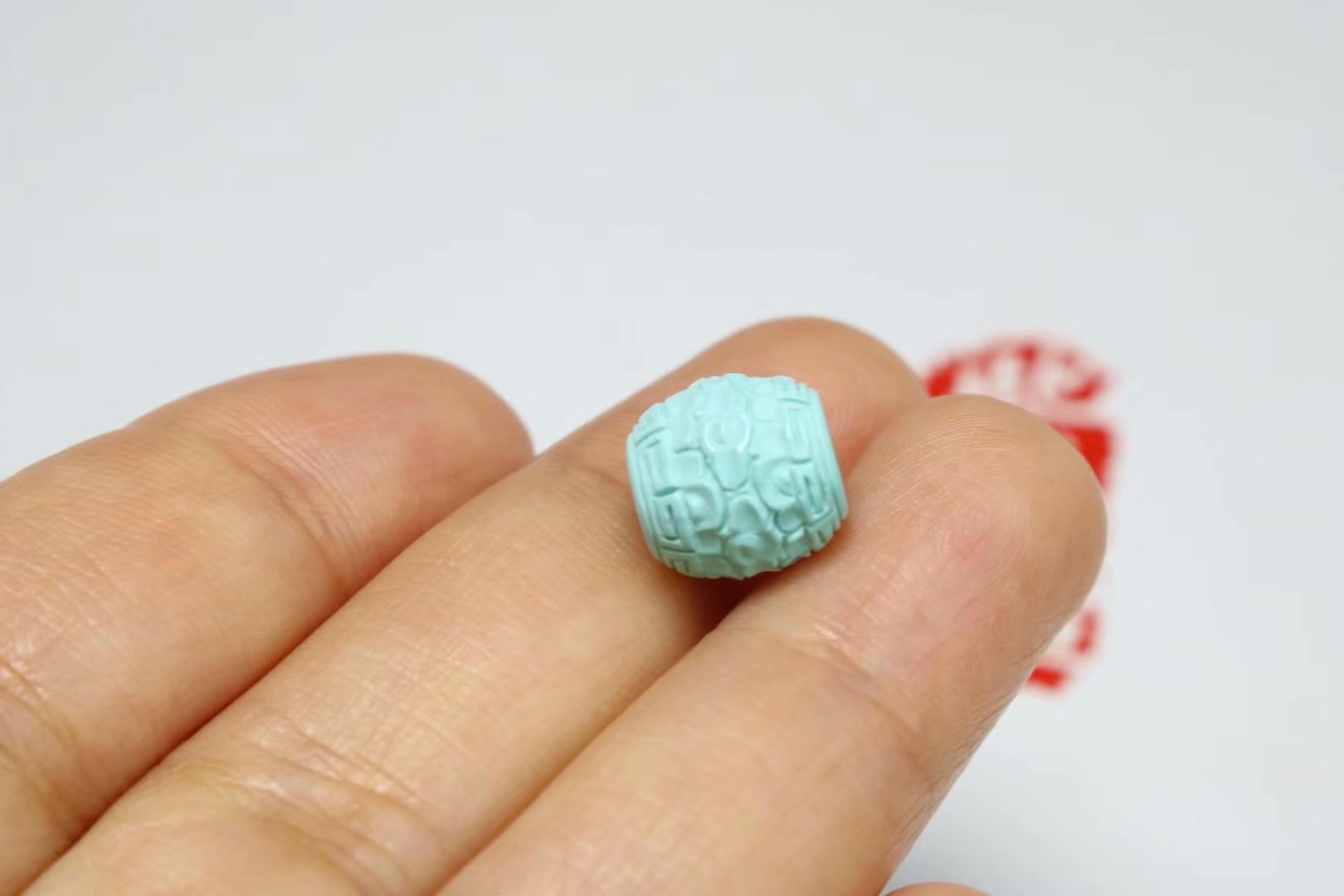 天然原矿绿松石高瓷雕刻云纹鼓珠老型桶珠 diy配饰 厂家一手货源