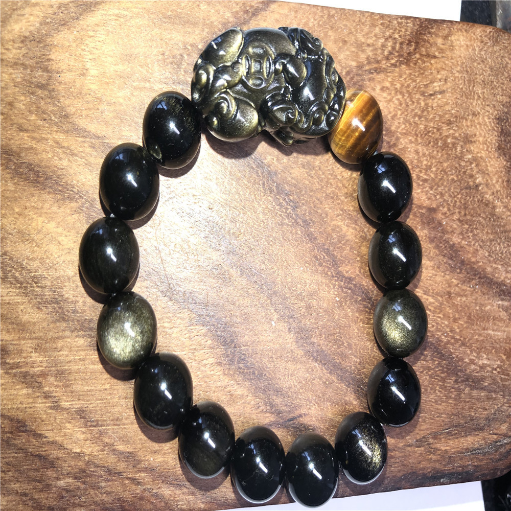 东海节高水晶天然金曜石一钱貔貅单圈手链配虎眼转运珠男女手串